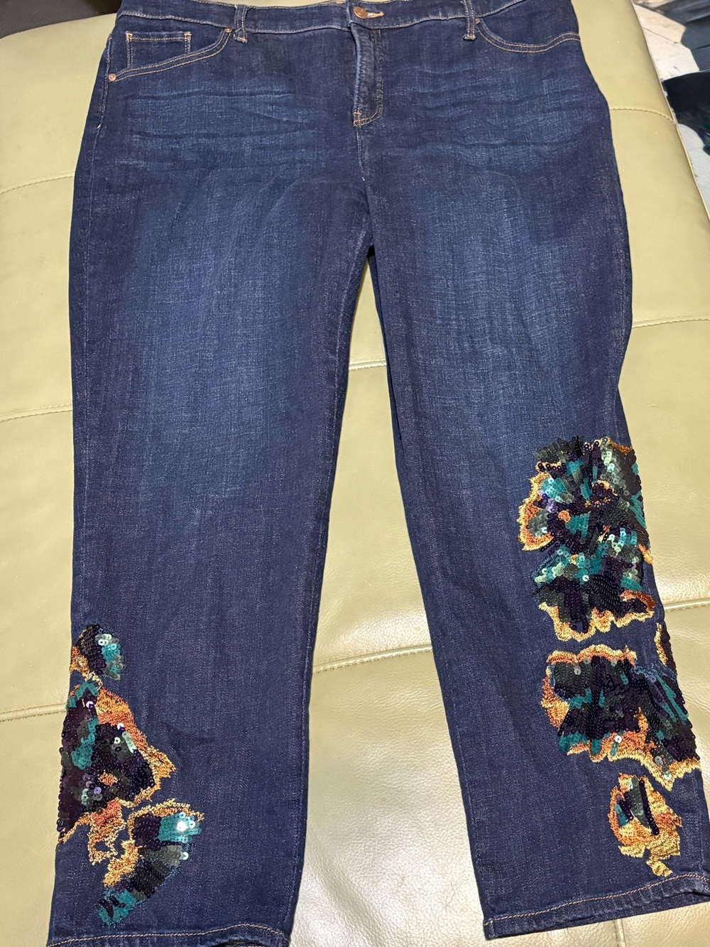 Chico's Dark Blue Ankle jeans with Multicolor Sequin Floral Appliqués